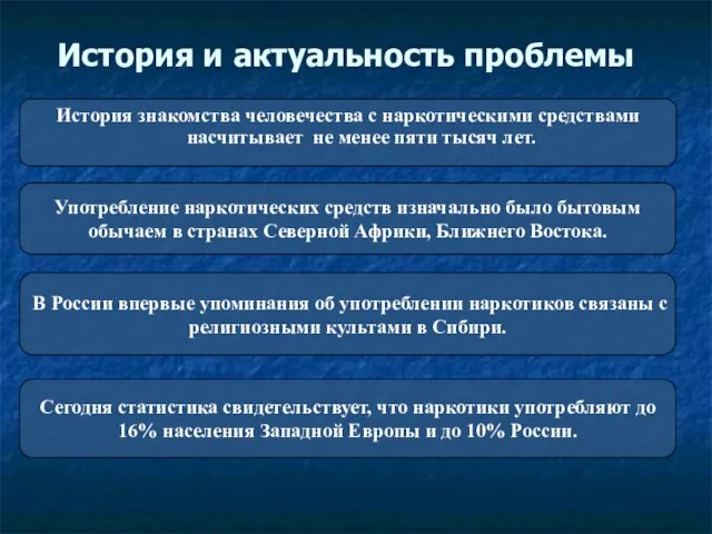 История и актуальность проблемы История знакомства человечества с наркотическими средствами насчитывает не