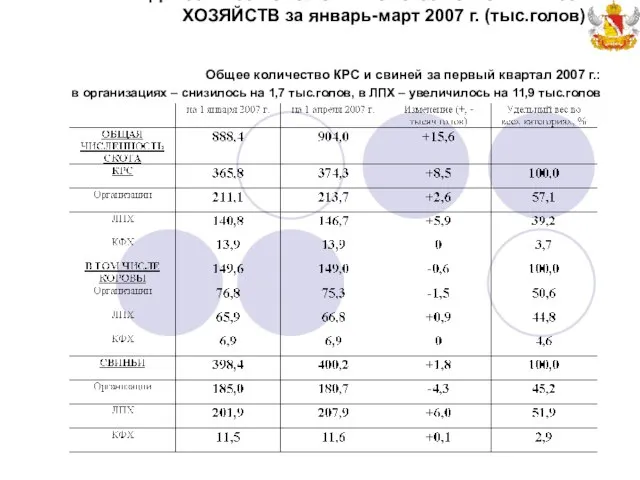 Общее количество КРС и свиней за первый квартал 2007 г.: в организациях