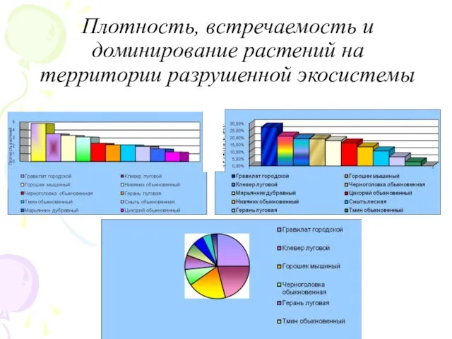 Плотность, встречаемость и доминирование растений на территории разрушенной экосистемы