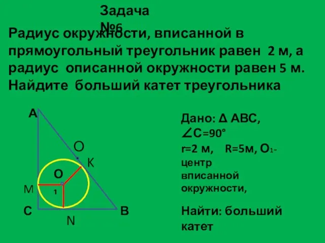 Радиус окружности, вписанной в прямоугольный треугольник равен 2 м, а радиус описанной