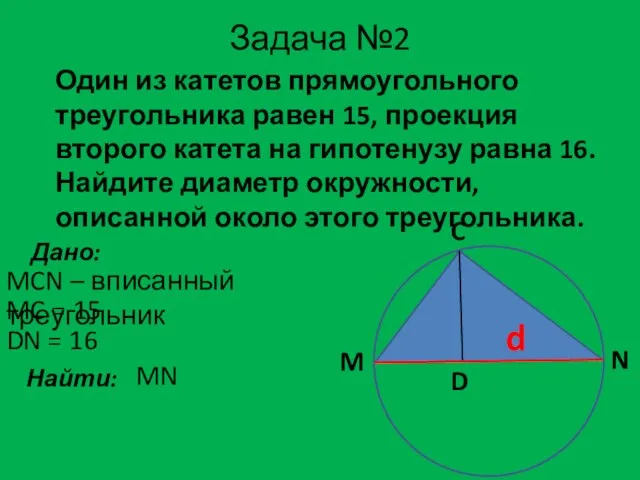 Задача №2 Один из катетов прямоугольного треугольника равен 15, проекция второго катета