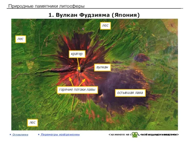 Природные памятники литосферы 1. Вулкан Фудзияма (Япония) Оглавление Параметры изображения лес лес лес вулкан остывшая лава