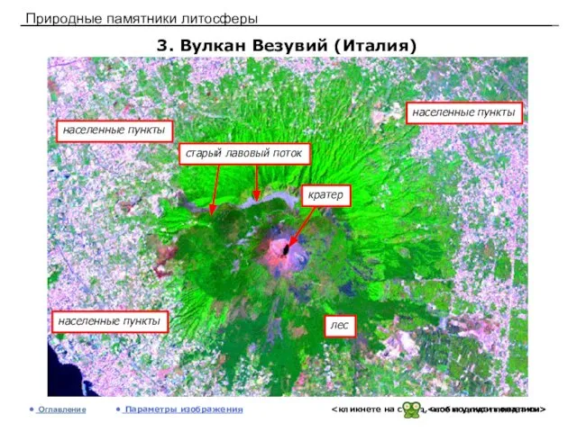 Природные памятники литосферы 3. Вулкан Везувий (Италия) Оглавление Параметры изображения населенные пункты
