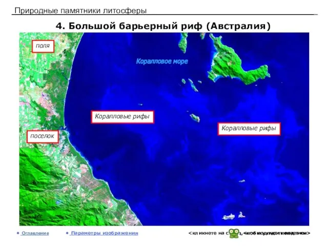 Природные памятники литосферы 4. Большой барьерный риф (Австралия) Оглавление Параметры изображения лес