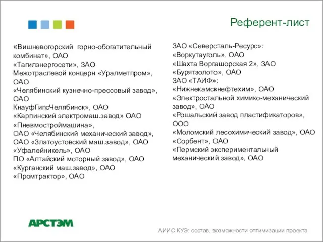 Референт-лист «Вишневогорский горно-обогатительный комбинат», ОАО «Тагилэнергосети», ЗАО Межотраслевой концерн «Уралметпром», ОАО «Челябинский