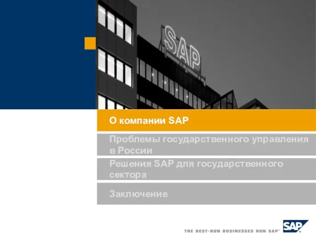 Решения SAP для государственного сектора Заключение О компании SAP Проблемы государственного управления в России