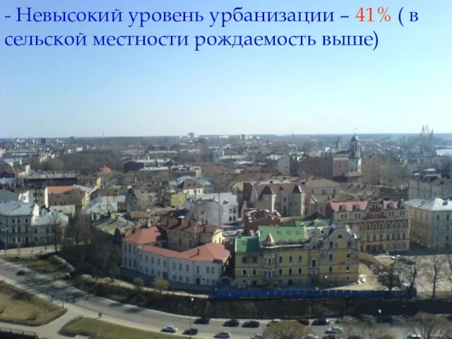 - Невысокий уровень урбанизации – 41% ( в сельской местности рождаемость выше)