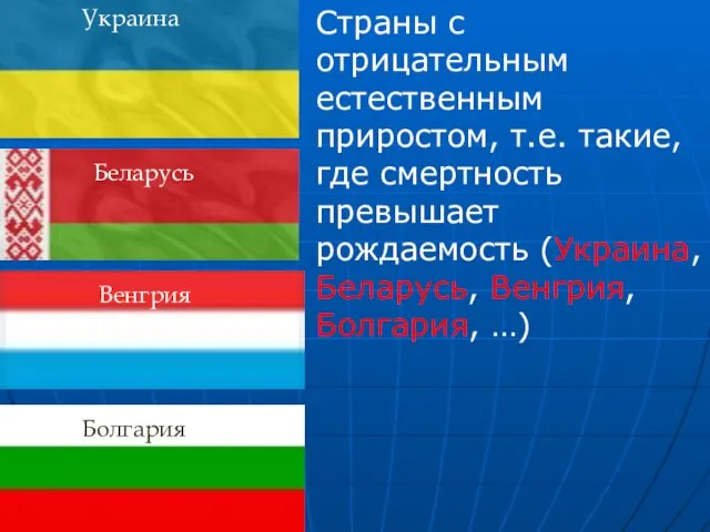 Страны с отрицательным естественным приростом, т.е. такие, где смертность превышает рождаемость (Украина,