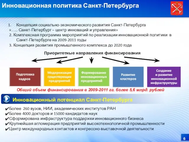 Концепция социально-экономического развития Санкт-Петербурга «….. Санкт-Петербург – центр инноваций и управления» 2.