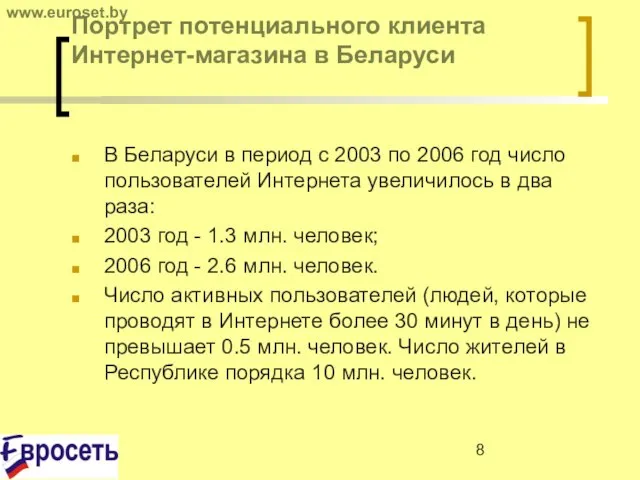 Портрет потенциального клиента Интернет-магазина в Беларуси В Беларуси в период с 2003