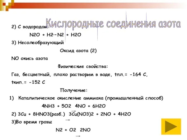 2) C водородом: N2O + H2 N2 + H2O 3) Несолеобразующий Оксид