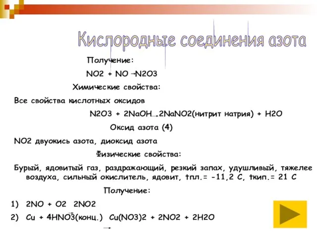 Кислородные соединения азота Получение: NO2 + NO N2O3 Химические свойства: Все свойства