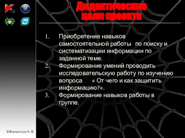 Дидактические цели проекта Приобретение навыков самостоятельной работы по поиску и систематизации информации