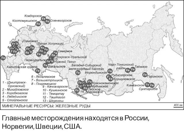 Главные месторождения находятся в России, Норвегии, Швеции, США.