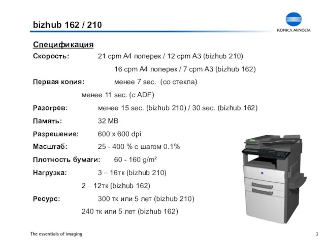 bizhub 162 / 210 Скорость: 21 cpm A4 поперек / 12 cpm