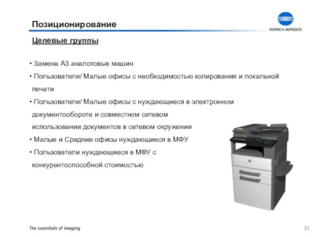 Позиционирование Замена A3 аналоговых машин Пользователи/ Малые офисы с необходимостью копирования и