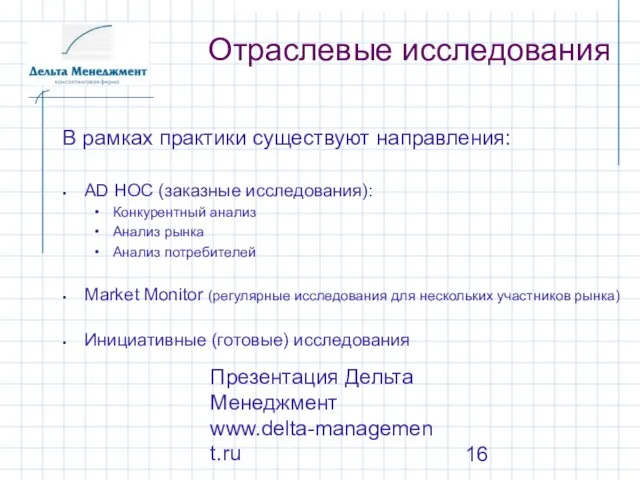 Презентация Дельта Менеджмент www.delta-management.ru AD HOC (заказные исследования): Конкурентный анализ Анализ рынка