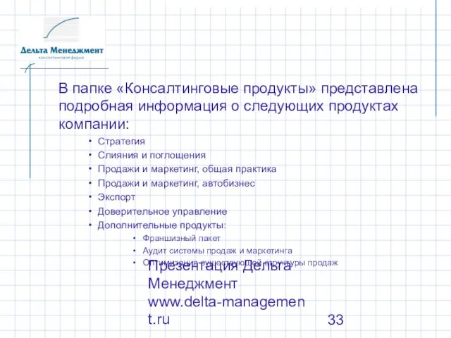 Презентация Дельта Менеджмент www.delta-management.ru В папке «Консалтинговые продукты» представлена подробная информация о