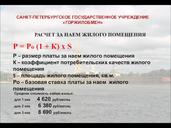 РАСЧЕТ ЗА НАЕМ ЖИЛОГО ПОМЕЩЕНИЯ Средняя стоимость найма жилья: для 1 ккв