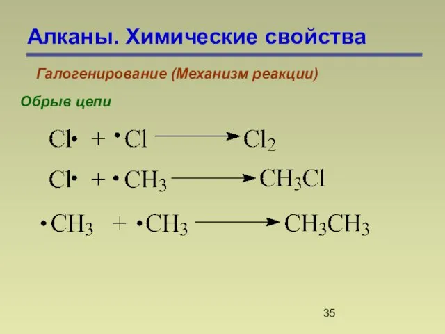 Алканы. Химические свойства Галогенирование (Механизм реакции) Обрыв цепи