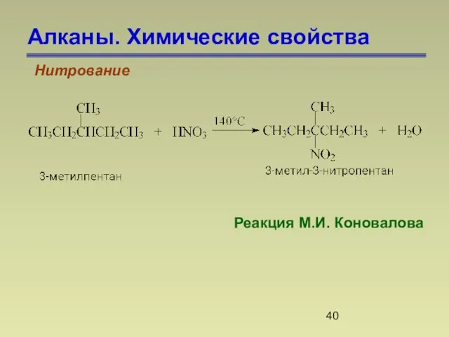 Алканы. Химические свойства Нитрование Реакция М.И. Коновалова