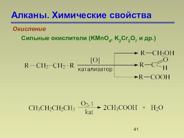 Алканы. Химические свойства Окисление Сильные окислители (KMnO4, K2Cr2O7 и др.)