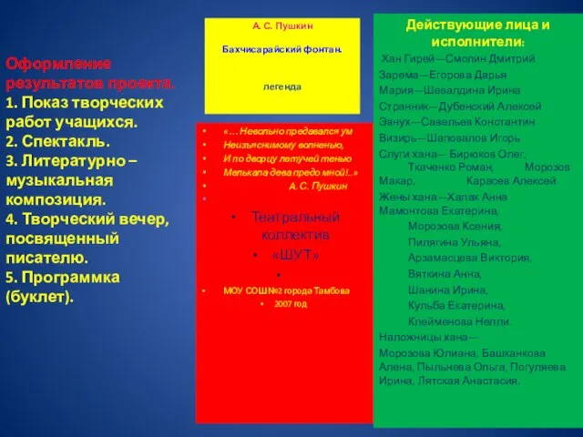 Оформление результатов проекта. 1. Показ творческих работ учащихся. 2. Спектакль. 3. Литературно