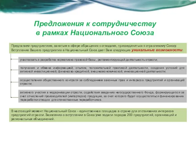 Предложения к сотрудничеству в рамках Национального Союза Предлагаем предприятиям, занятым в сфере