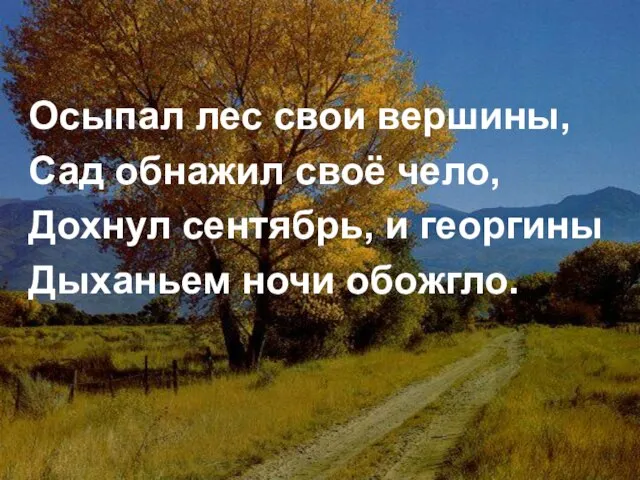 Осыпал лес свои вершины, Сад обнажил своё чело, Дохнул сентябрь, и георгины Дыханьем ночи обожгло.