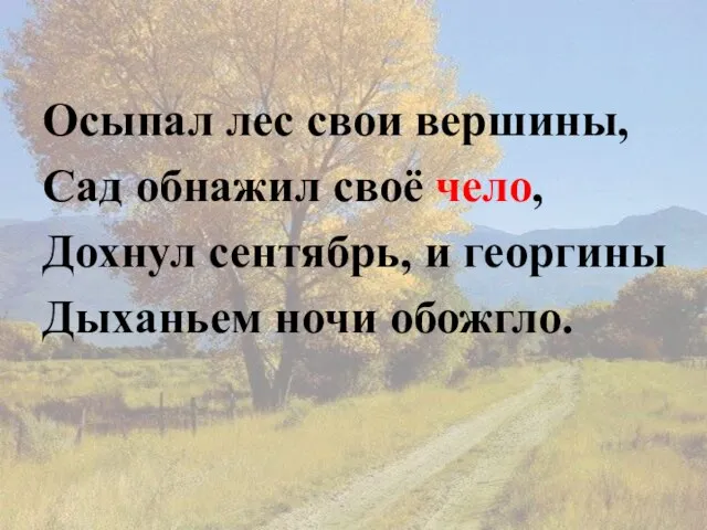 Осыпал лес свои вершины, Сад обнажил своё чело, Дохнул сентябрь, и георгины Дыханьем ночи обожгло.