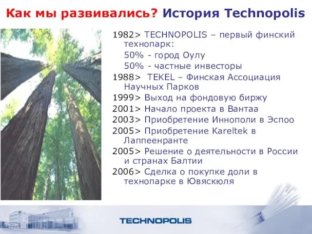 Как мы развивались? История Technopolis 1982> TECHNOPOLIS – первый финский технопарк: 50%