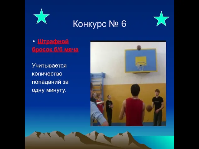 Конкурс № 6 Штрафной бросок б/б мяча Учитывается количество попаданий за одну минуту.