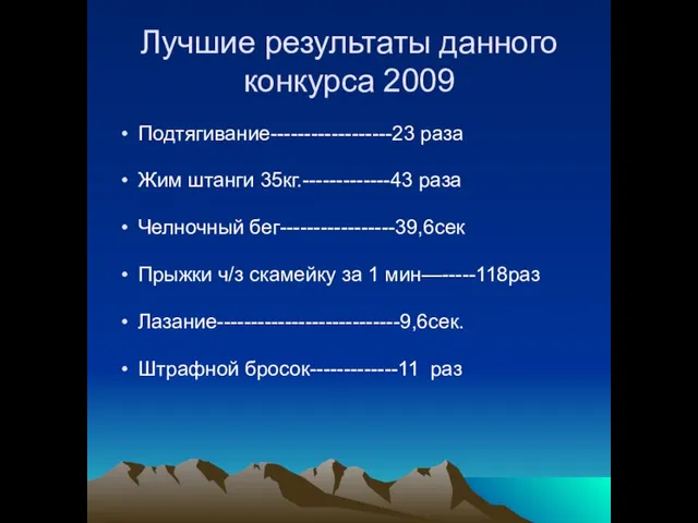 Лучшие результаты данного конкурса 2009 Подтягивание------------------23 раза Жим штанги 35кг.-------------43 раза Челночный