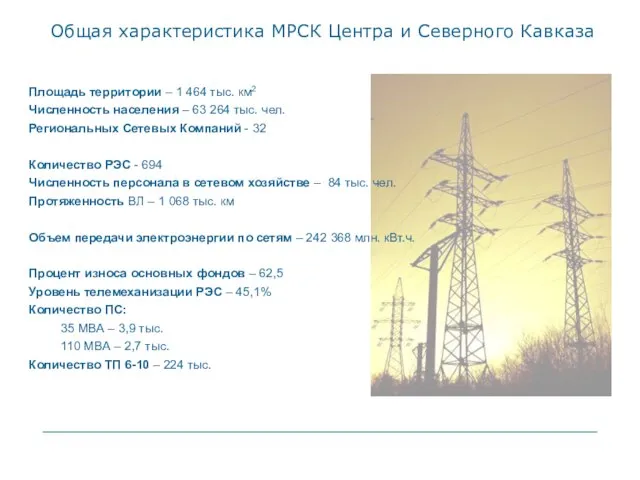 Общая характеристика МРСК Центра и Северного Кавказа Площадь территории – 1 464