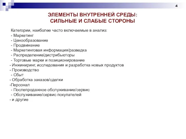 ЭЛЕМЕНТЫ ВНУТРЕННЕЙ СРЕДЫ: СИЛЬНЫЕ И СЛАБЫЕ СТОРОНЫ Категории, наиболее часто включаемые в