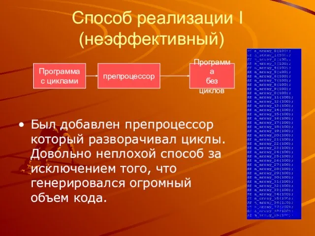 Способ реализации I (неэффективный) Был добавлен препроцессор который разворачивал циклы. Довольно неплохой