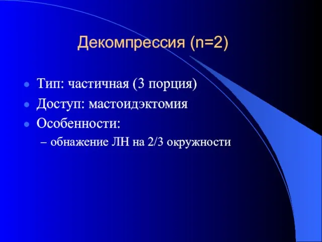 Декомпрессия (n=2) Тип: частичная (3 порция) Доступ: мастоидэктомия Особенности: обнажение ЛН на 2/3 окружности