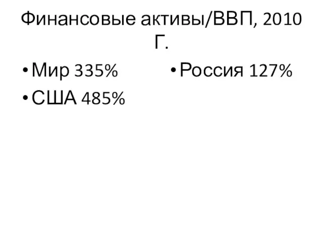 Финансовые активы/ВВП, 2010 Г. Мир 335% США 485% Россия 127%