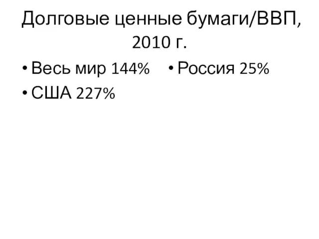 Долговые ценные бумаги/ВВП, 2010 г. Весь мир 144% США 227% Россия 25%