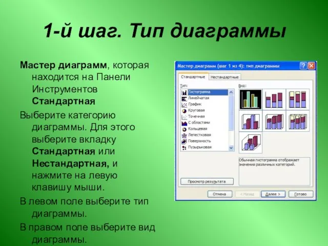 1-й шаг. Тип диаграммы Мастер диаграмм, которая находится на Панели Инструментов Стандартная