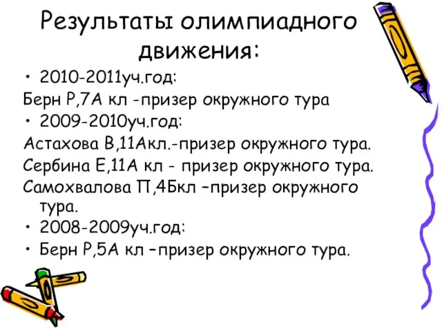 Результаты олимпиадного движения: 2010-2011уч.год: Берн Р,7А кл -призер окружного тура 2009-2010уч.год: Астахова