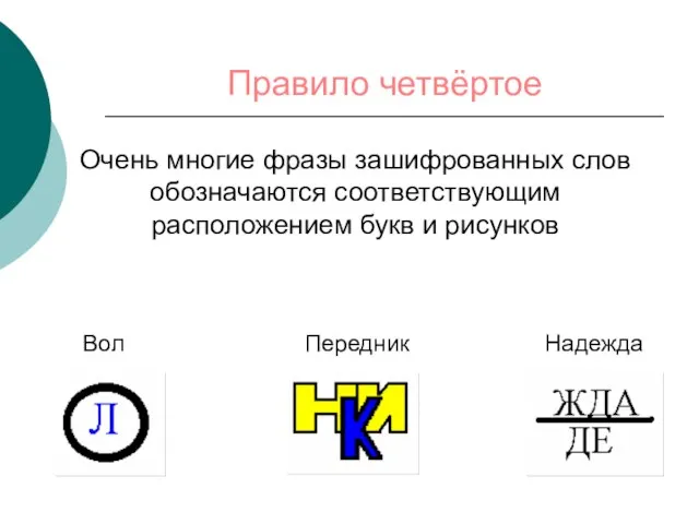 Очень многие фразы зашифрованных слов обозначаются соответствующим расположением букв и рисунков Вол Передник Надежда Правило четвёртое