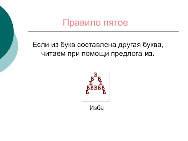 Правило пятое Если из букв составлена другая буква, читаем при помощи предлога из. Изба