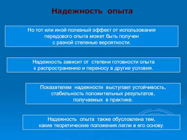 Надежность опыта Надежность опыта также обусловлена тем, какие теоретические положения легли в