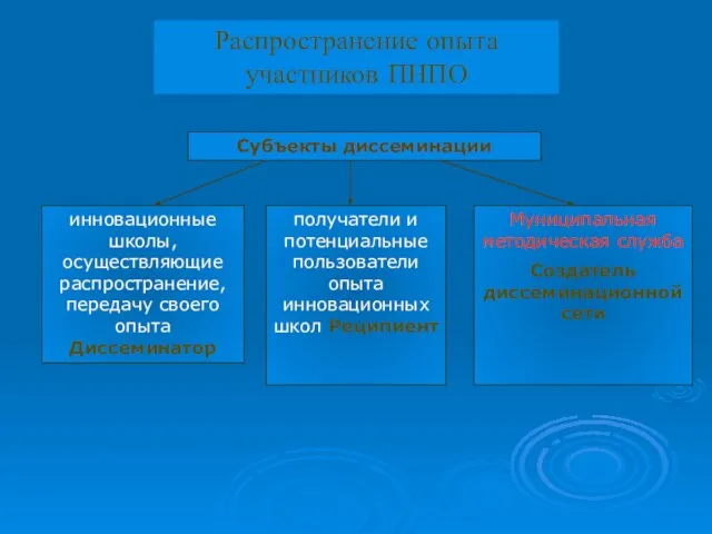 Распространение опыта участников ПНПО Субъекты диссеминации инновационные школы, осуществляющие распространение, передачу своего