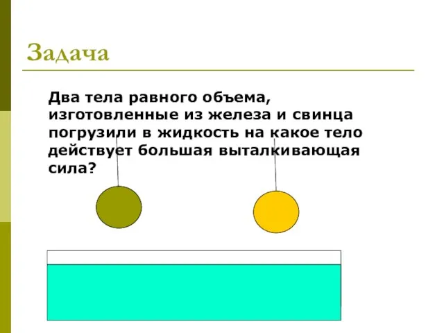 Задача Два тела равного объема, изготовленные из железа и свинца погрузили в