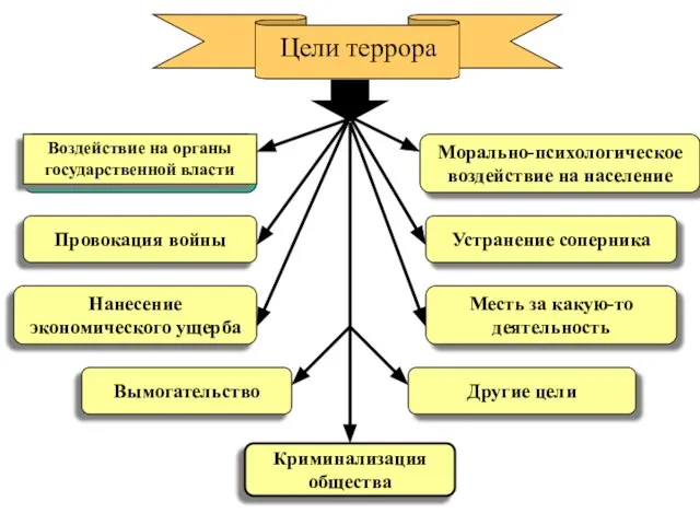 Цели террора Морально-психологическое воздействие на население Провокация войны Устранение соперника Нанесение экономического