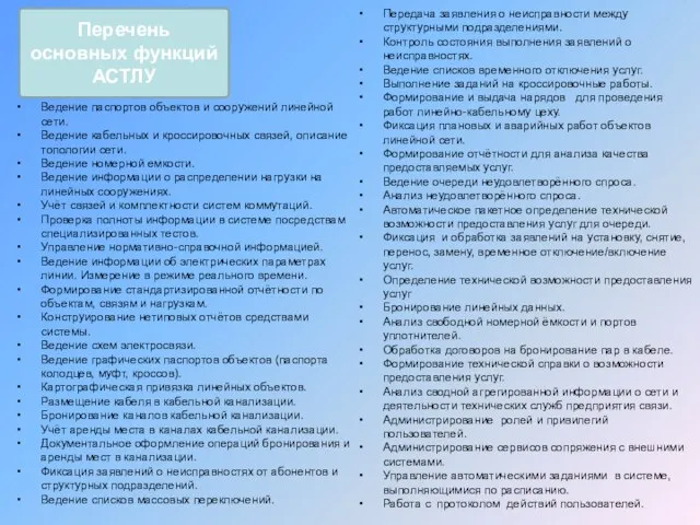 Перечень основных функций АСТЛУ Ведение паспортов объектов и сооружений линейной сети. Ведение