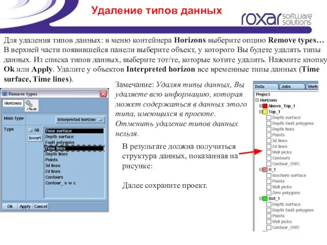 Удаление типов данных Для удаления типов данных: в меню контейнера Horizons выберите