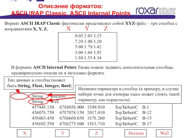 Описание форматов: ASCII IRAP Classic, ASCII Internal Points 9.05 2.03 3.25 7.29